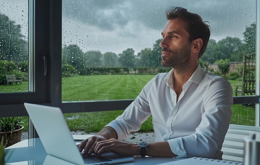 Business owner pausing at his desk to think strategically while rain falls outside